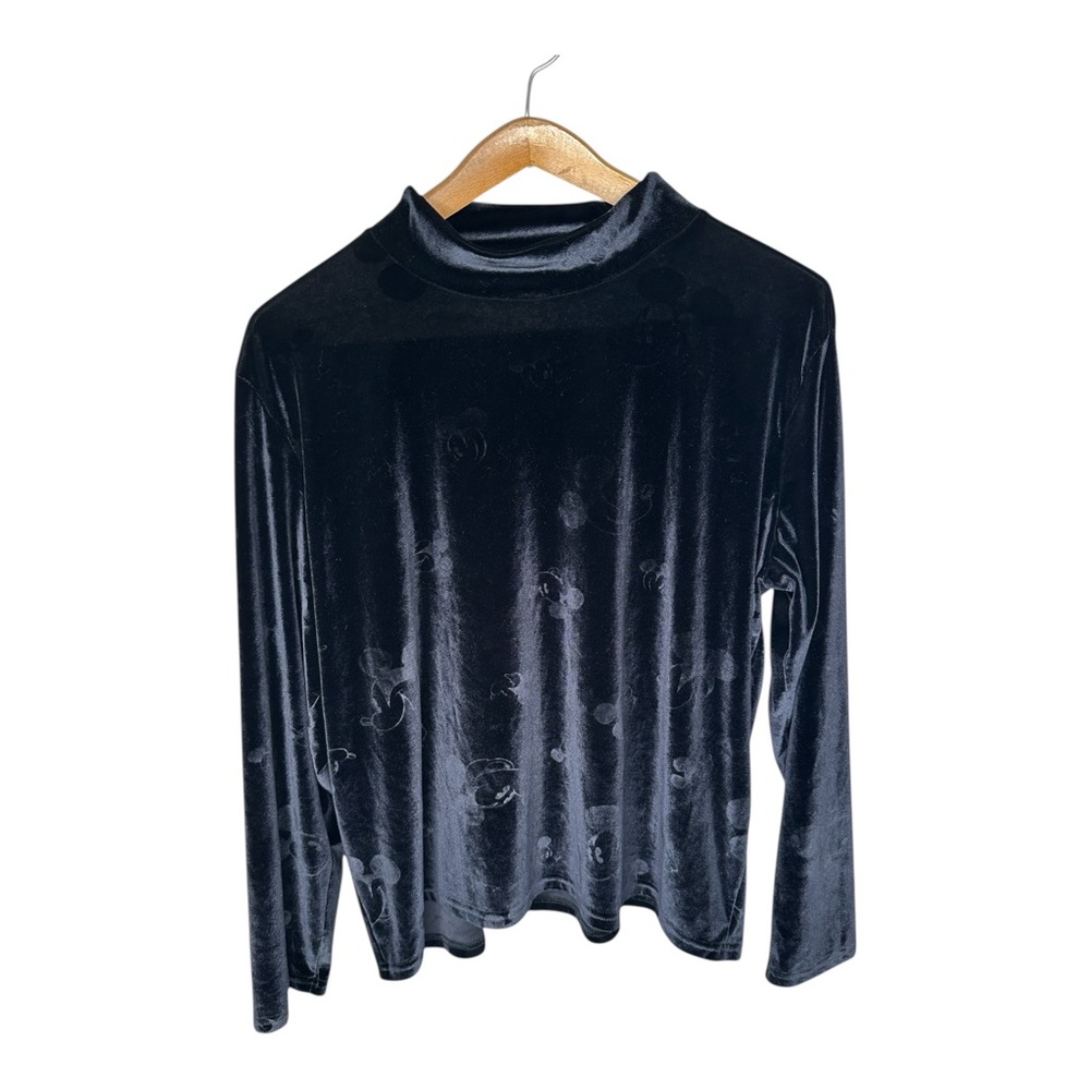 Vintage Disney Store Mickey Mouse Top Black Velvet Tonal Print Mock Neck XXL